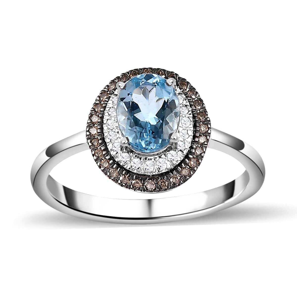 Luxoro 14K White Gold Premium Santa Maria Aquamarine, Natural Champagne and White Diamond I3 Double Halo Ring 4.20 Grams 1.60 ctw image number 0