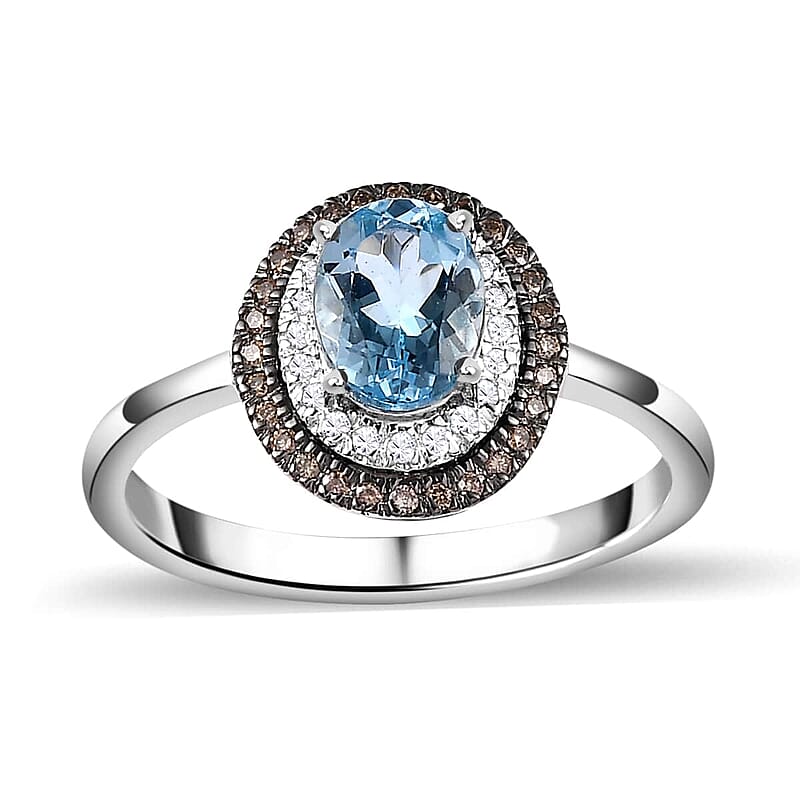 Luxoro 14K White Gold Premium Santa Maria Aquamarine, Natural Champagne and White Diamond I3 Double Halo Ring (Size 10.0) 4.20 Grams 1.60 ctw