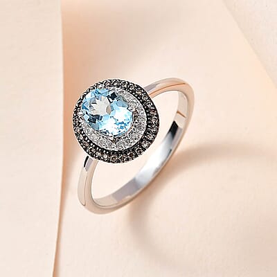 Luxoro 14K White Gold Premium Santa Maria Aquamarine, Natural Champagne and White Diamond I3 Double Halo Ring (Size 10.0) 4.20 Grams 1.60 ctw