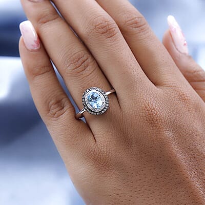 Luxoro 14K White Gold Premium Santa Maria Aquamarine, Natural Champagne and White Diamond I3 Double Halo Ring (Size 10.0) 4.20 Grams 1.60 ctw