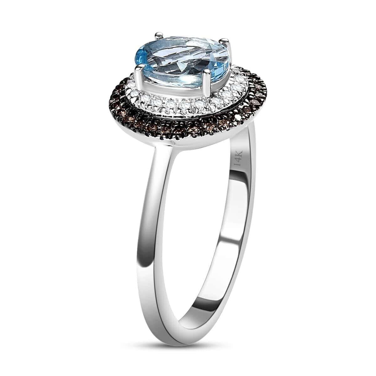 Luxoro 14K White Gold Premium Santa Maria Aquamarine, Natural Champagne and White Diamond I3 Double Halo Ring 4.20 Grams 1.60 ctw image number 3