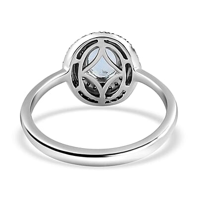 Luxoro 14K White Gold Premium Santa Maria Aquamarine, Natural Champagne and White Diamond I3 Double Halo Ring (Size 10.0) 4.20 Grams 1.60 ctw