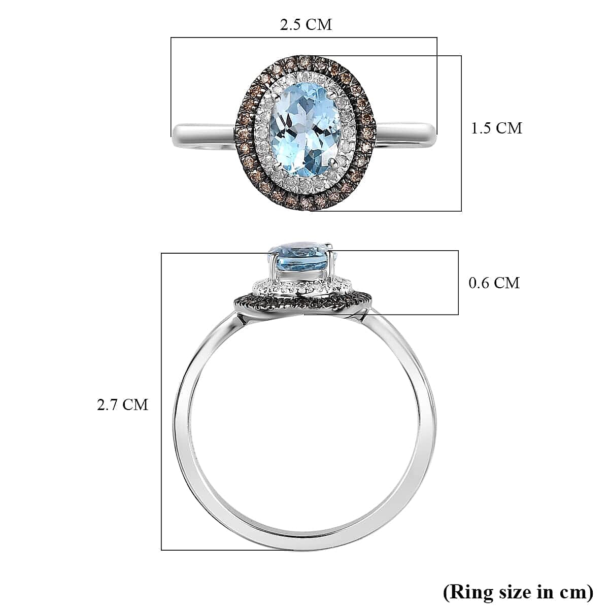 Luxoro 14K White Gold Premium Santa Maria Aquamarine, Natural Champagne and White Diamond I3 Double Halo Ring (Size 10.0) 4.20 Grams 1.60 ctw