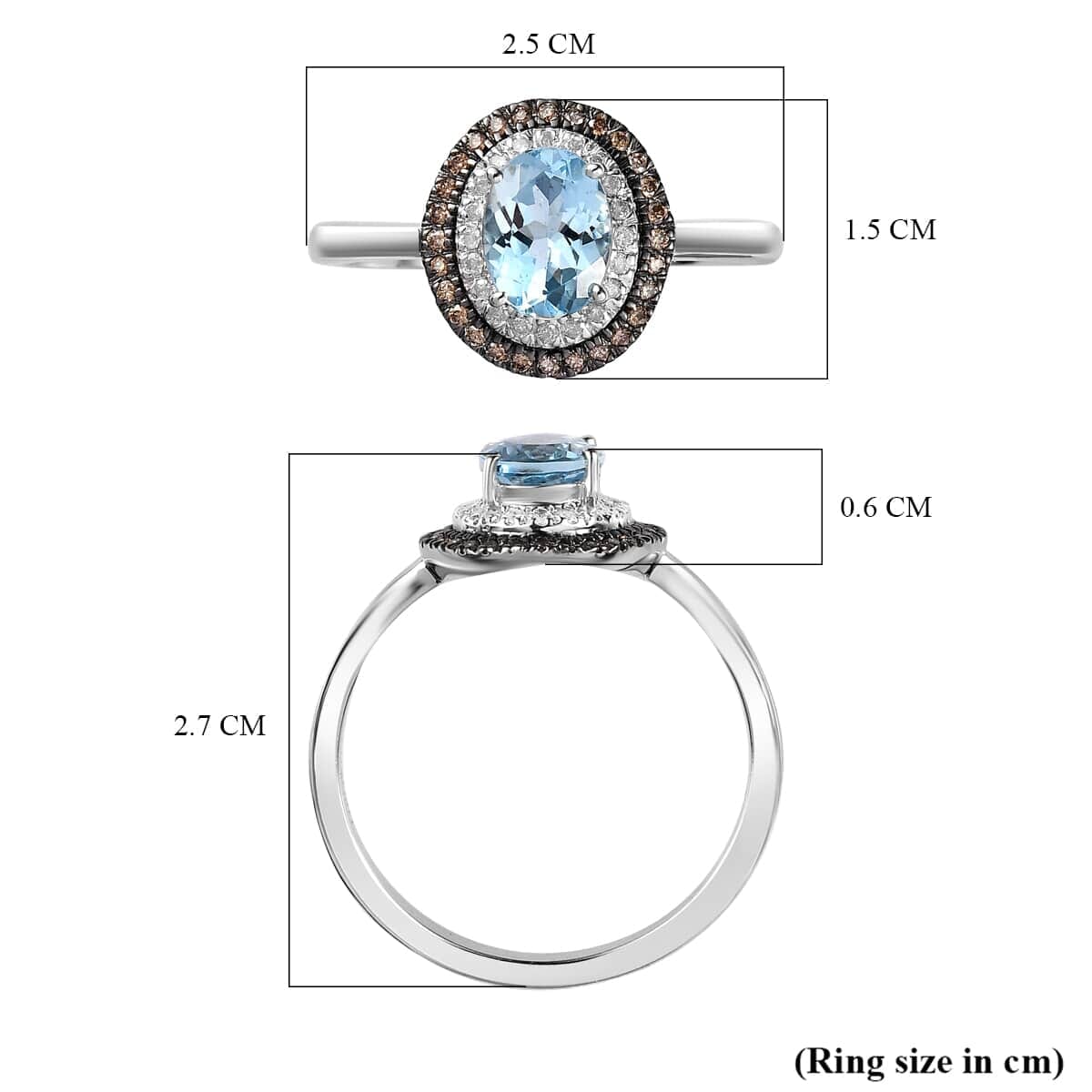 Luxoro 14K White Gold Premium Santa Maria Aquamarine, Natural Champagne and White Diamond I3 Double Halo Ring 4.20 Grams 1.60 ctw image number 5