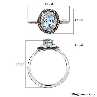 Luxoro 14K White Gold Premium Santa Maria Aquamarine, Natural Champagne and White Diamond I3 Double Halo Ring (Size 10.0) 4.20 Grams 1.60 ctw
