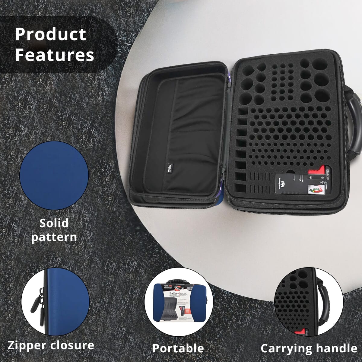 Flipo Battery Storage Case with Universal Battery Tester -Blue (Holds Up to 148 Batteries) image number 2