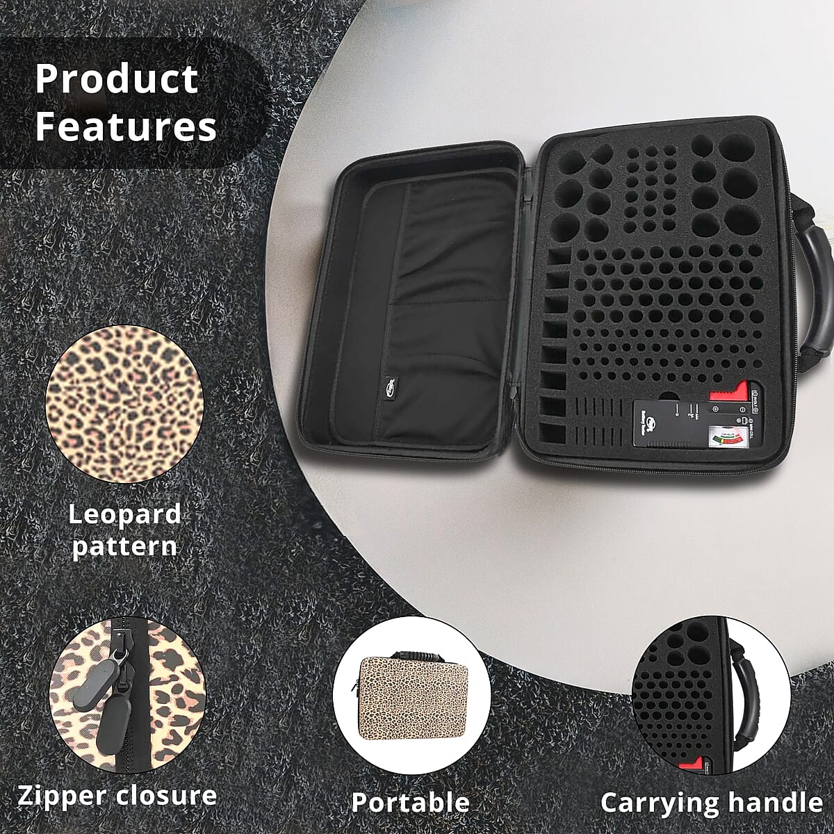 Flipo Battery Storage Case with Universal Battery Tester -Leopard (Holds Up to 148 Batteries) image number 2