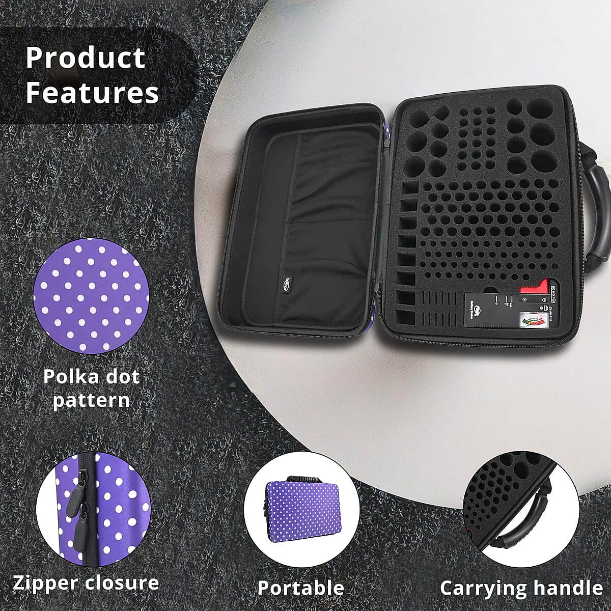 Flipo Battery Storage Case with Universal Battery Tester -Purple Polka Dot (Holds Up to 148 Batteries) image number 2