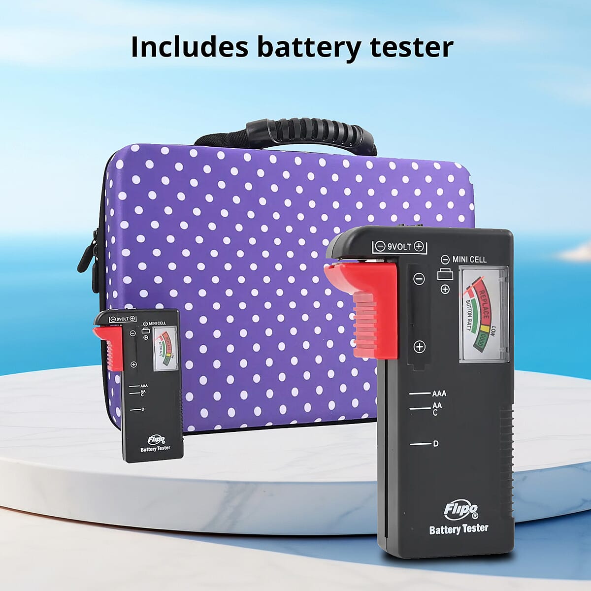 Flipo Battery Storage Case with Universal Battery Tester -Purple Polka Dot (Holds Up to 148 Batteries) image number 5