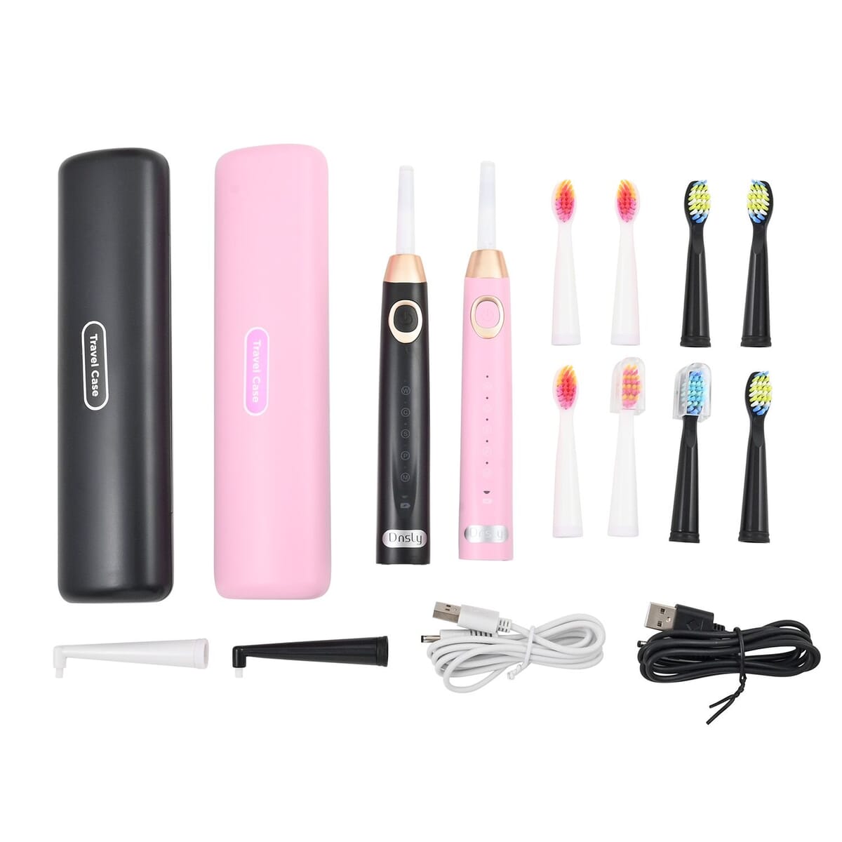 Closeout Dnsly Set of 2 Black & Pink Sonic Electric Toothbrushes with Travel Cases image number 0