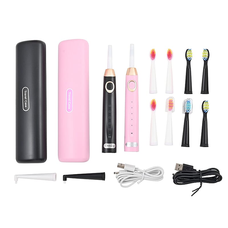 Closeout Dnsly Set of 2 Black & Pink Sonic Electric Toothbrushes with Travel Cases