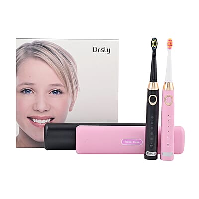 Closeout Dnsly Set of 2 Black & Pink Sonic Electric Toothbrushes with Travel Cases