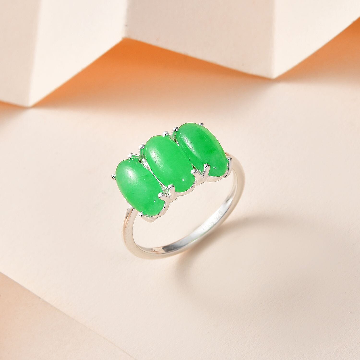 Green Jade (D) 3 Stone Ring in Sterling Silver (Size 10.0) 4.35 ctw