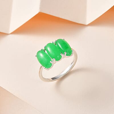 Green Jade (D) 3 Stone Ring in Sterling Silver (Size 10.0) 4.35 ctw