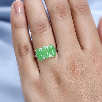 Green Jade (D) 3 Stone Ring in Sterling Silver (Size 10.0) 4.35 ctw
