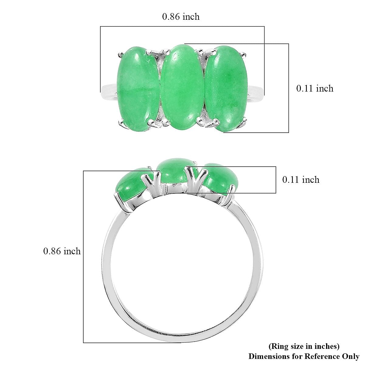 Green Jade (D) 3 Stone Ring in Sterling Silver (Size 10.0) 4.35 ctw
