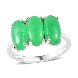 Green Jade (D) 3 Stone Ring in Sterling Silver (Size 8.0) 4.35 ctw