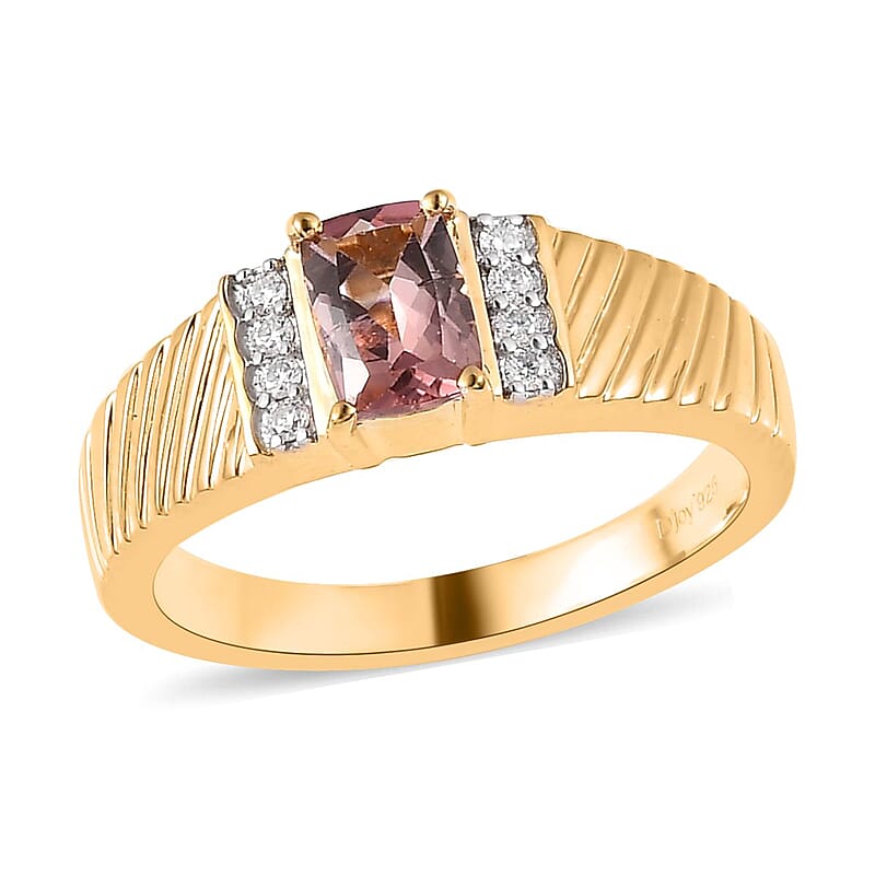 Premium Blush Tourmaline and Moissanite Men's Ring in Vermeil Yellow Gold Over Sterling Silver (Size 10.0) 1.00 ctw