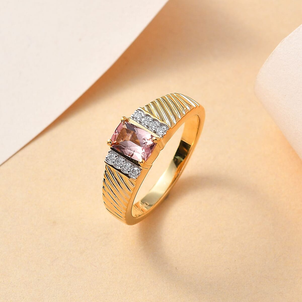 Premium Blush Tourmaline and Moissanite Men's Ring in Vermeil Yellow Gold Over Sterling Silver 1.00 ctw image number 1