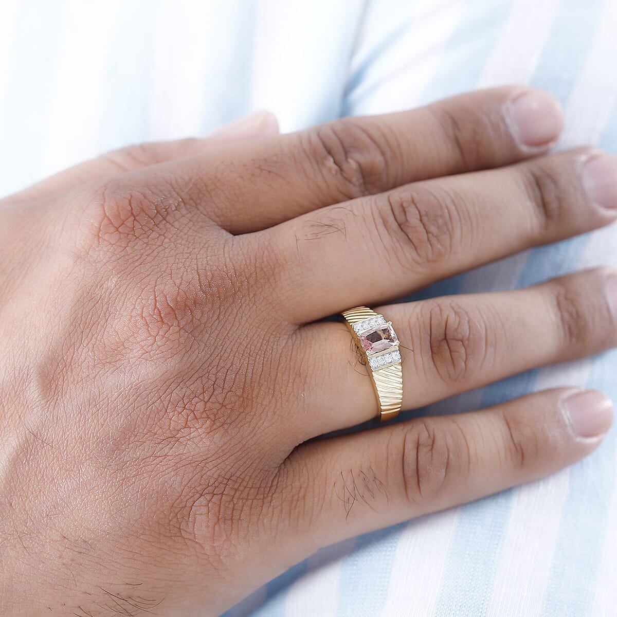 Premium Blush Tourmaline and Moissanite Men's Ring in Vermeil Yellow Gold Over Sterling Silver 1.00 ctw image number 2