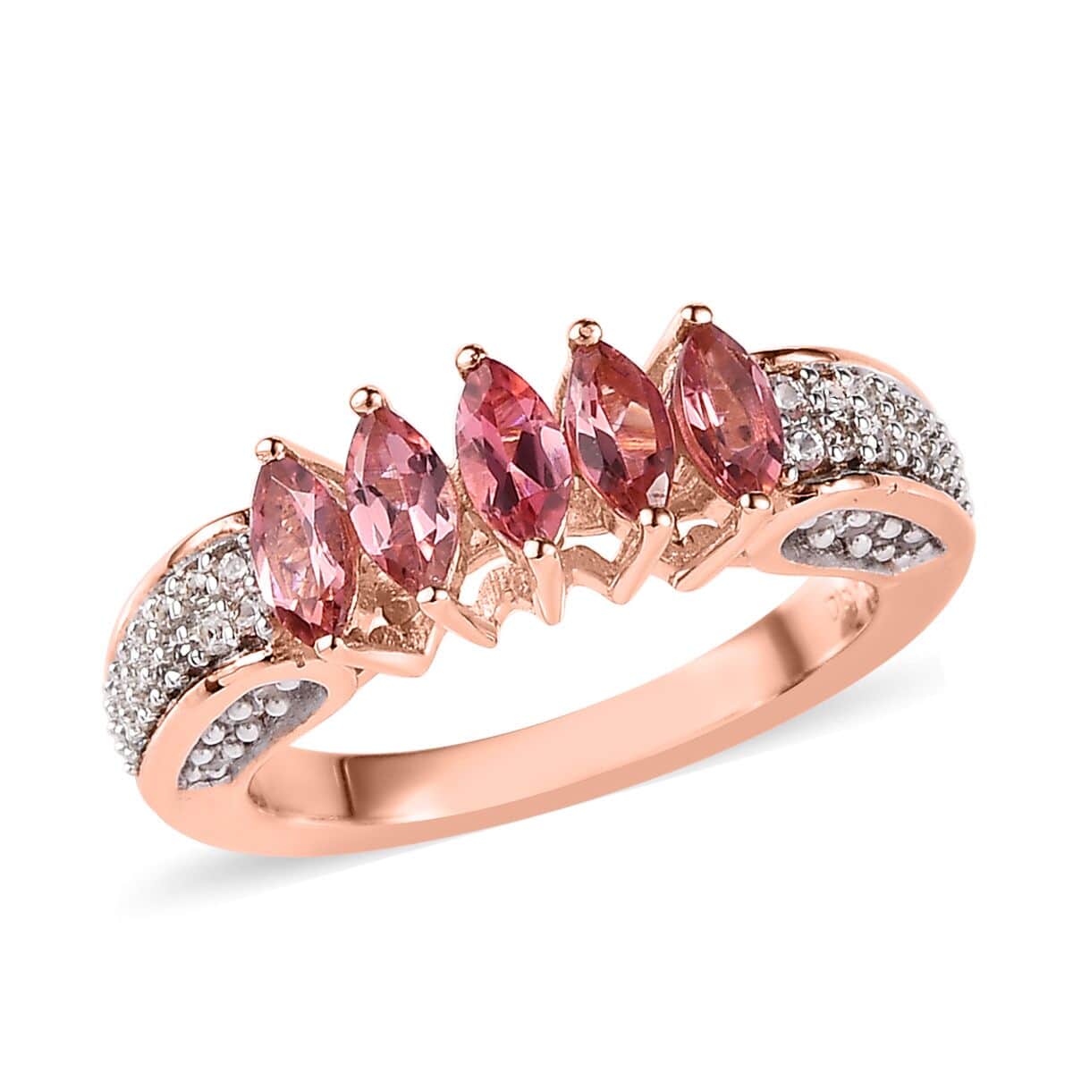 Premium Blush Tourmaline and White Zircon 5 Stone Ring in Vermeil Rose Gold Over Sterling Silver (Size 10.0) 1.15 ctw image number 0