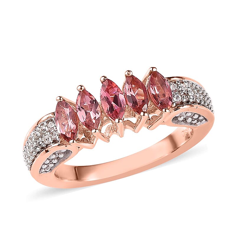Premium Blush Tourmaline and White Zircon 5 Stone Ring in Vermeil Rose Gold Over Sterling Silver (Size 10.0) 1.15 ctw