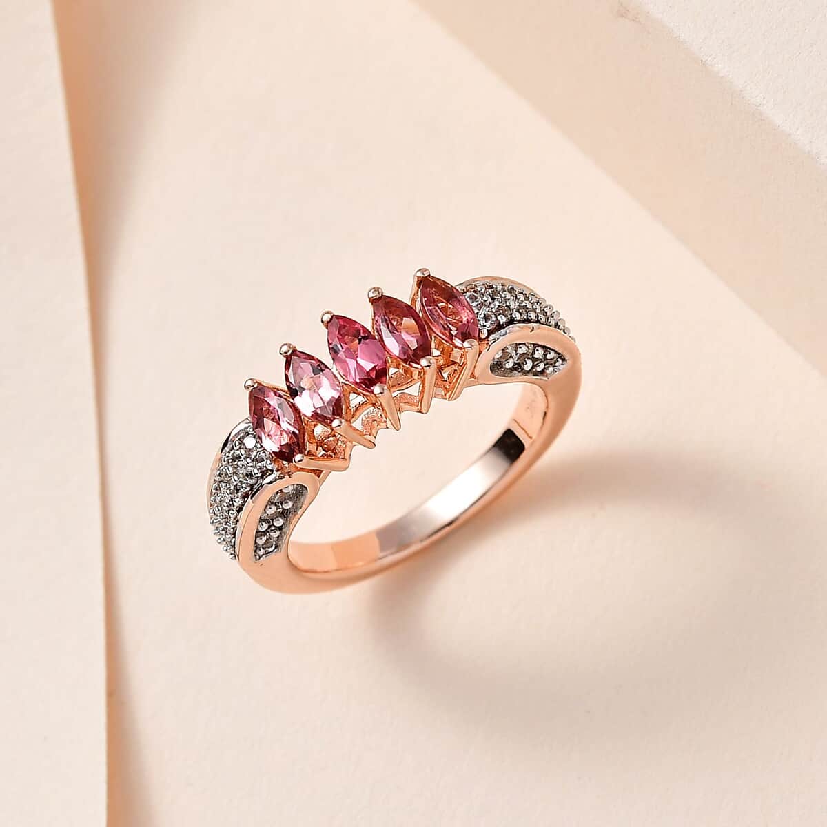 Premium Blush Tourmaline and White Zircon 5 Stone Ring in Vermeil Rose Gold Over Sterling Silver (Size 10.0) 1.15 ctw image number 1