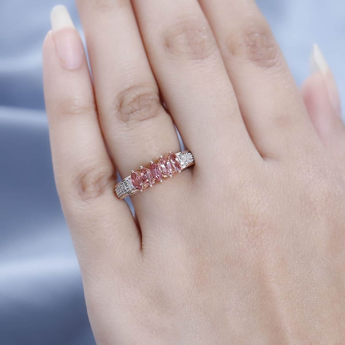 Premium Blush Tourmaline and White Zircon 5 Stone Ring in Vermeil Rose Gold Over Sterling Silver (Size 10.0) 1.15 ctw image number 2