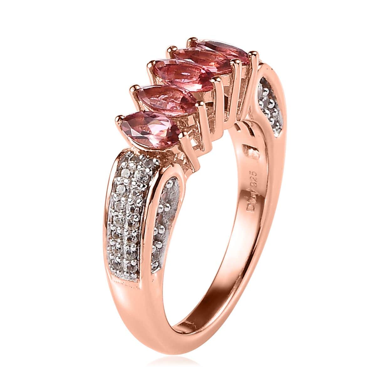 Premium Blush Tourmaline and White Zircon 5 Stone Ring in Vermeil Rose Gold Over Sterling Silver (Size 10.0) 1.15 ctw image number 3