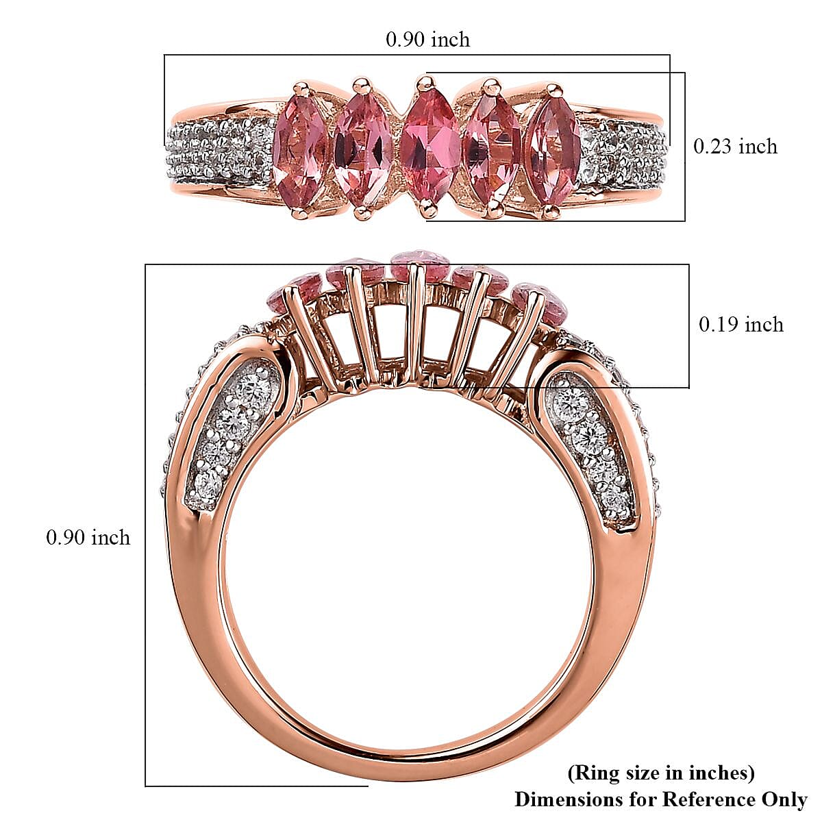 Premium Blush Tourmaline and White Zircon 5 Stone Ring in Vermeil Rose Gold Over Sterling Silver (Size 10.0) 1.15 ctw
