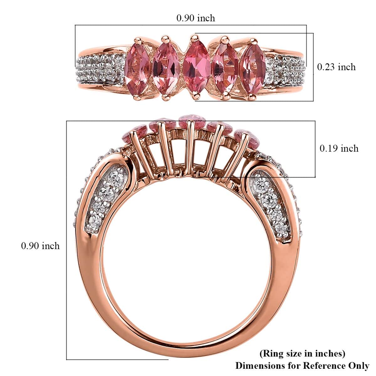 Premium Blush Tourmaline and White Zircon 5 Stone Ring in Vermeil Rose Gold Over Sterling Silver (Size 10.0) 1.15 ctw image number 5