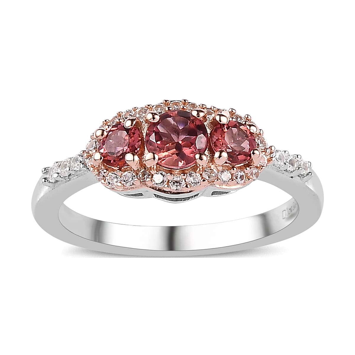 Premium Blush Tourmaline and White Zircon Trilogy Ring in Vermeil RG and Platinum Over Sterling Silver (Size 10.0) 0.80 ctw