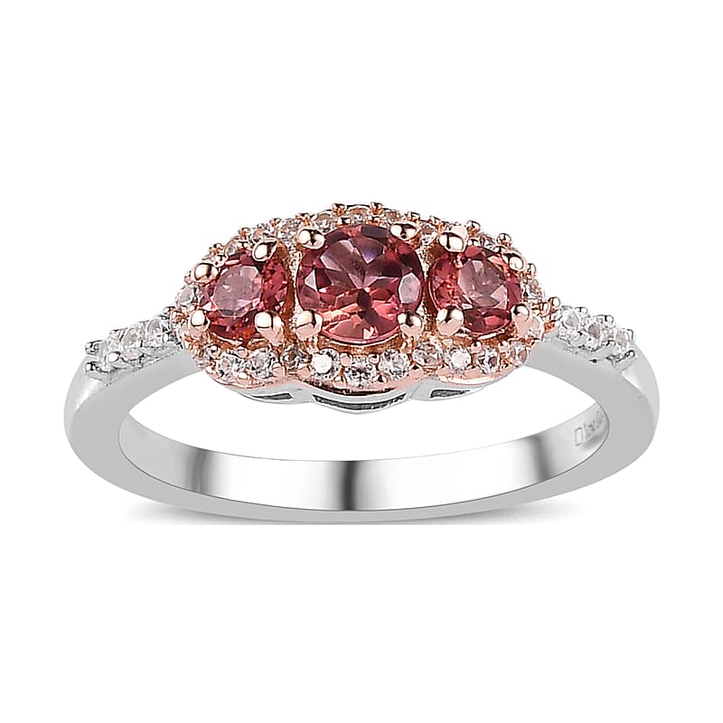 Premium Blush Tourmaline and White Zircon Trilogy Ring in Vermeil RG and Platinum Over Sterling Silver (Size 10.0) 0.80 ctw