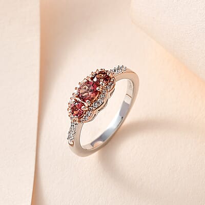 Premium Blush Tourmaline and White Zircon Trilogy Ring in Vermeil RG and Platinum Over Sterling Silver (Size 10.0) 0.80 ctw