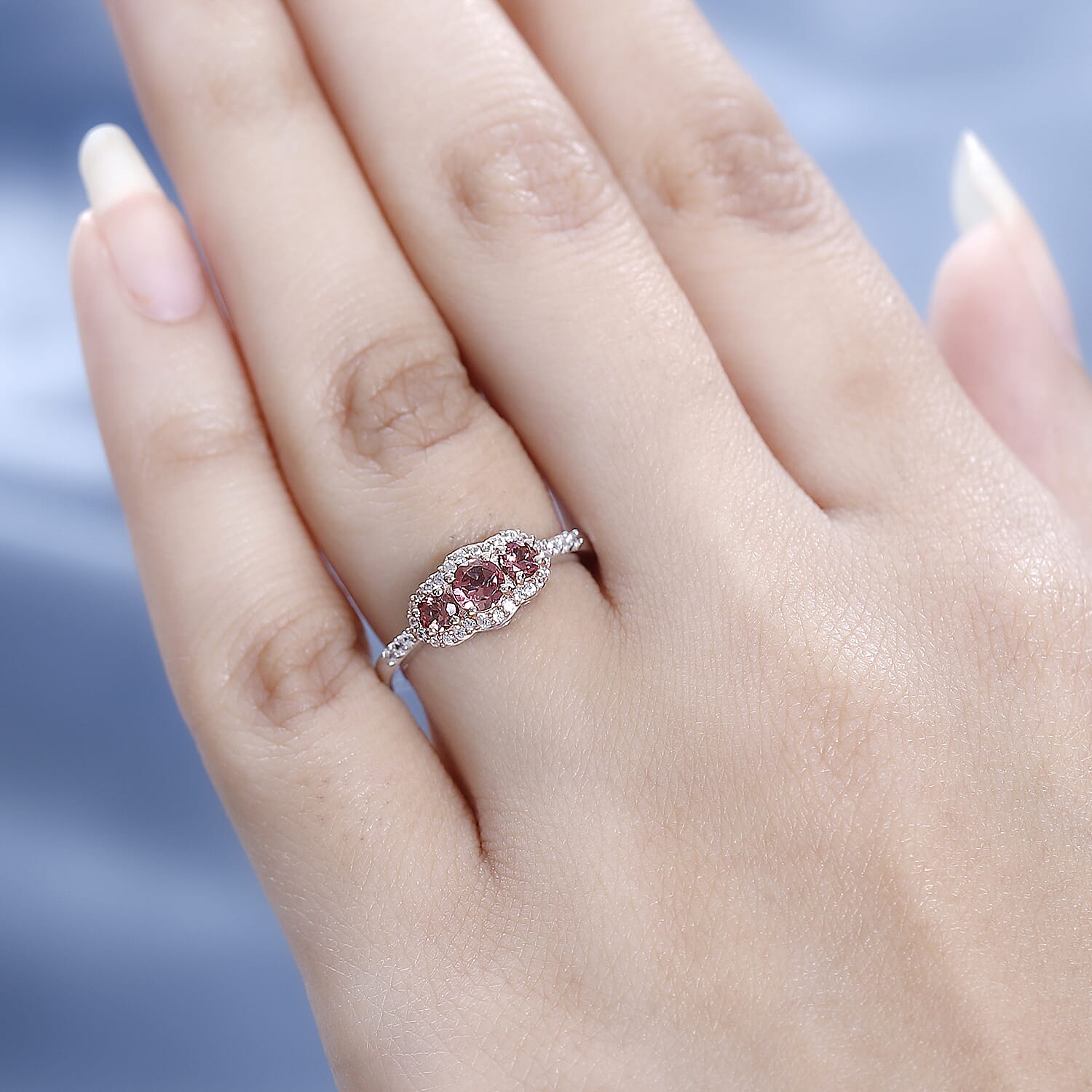 Premium Blush Tourmaline and White Zircon Trilogy Ring in Vermeil RG and Platinum Over Sterling Silver (Size 10.0) 0.80 ctw