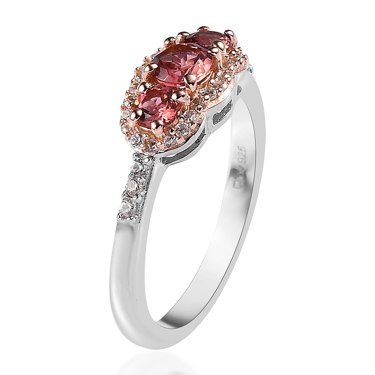 Premium Blush Tourmaline and White Zircon Trilogy Ring in Vermeil RG and Platinum Over Sterling Silver (Size 10.0) 0.80 ctw