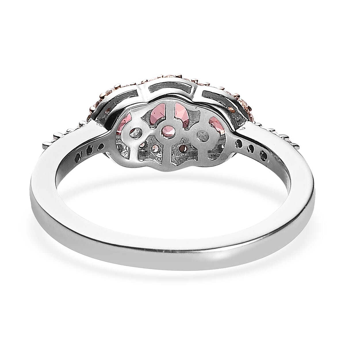 Premium Blush Tourmaline and White Zircon Trilogy Ring in Vermeil RG and Platinum Over Sterling Silver (Size 10.0) 0.80 ctw