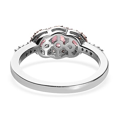 Premium Blush Tourmaline and White Zircon Trilogy Ring in Vermeil RG and Platinum Over Sterling Silver (Size 10.0) 0.80 ctw