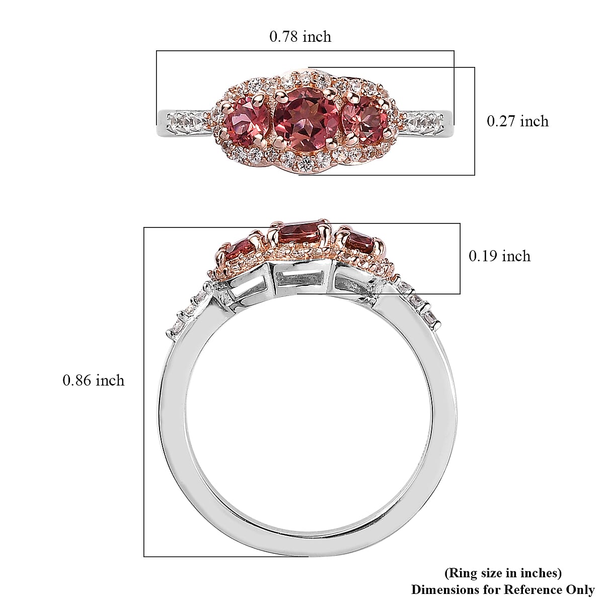 Premium Blush Tourmaline and White Zircon Trilogy Ring in Vermeil RG and Platinum Over Sterling Silver (Size 10.0) 0.80 ctw