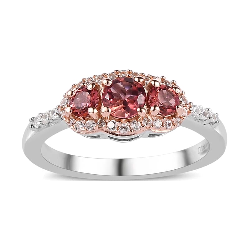 Premium Blush Tourmaline and White Zircon Trilogy Ring in Vermeil RG and Platinum Over Sterling Silver (Size 5.0) 0.80 ctw