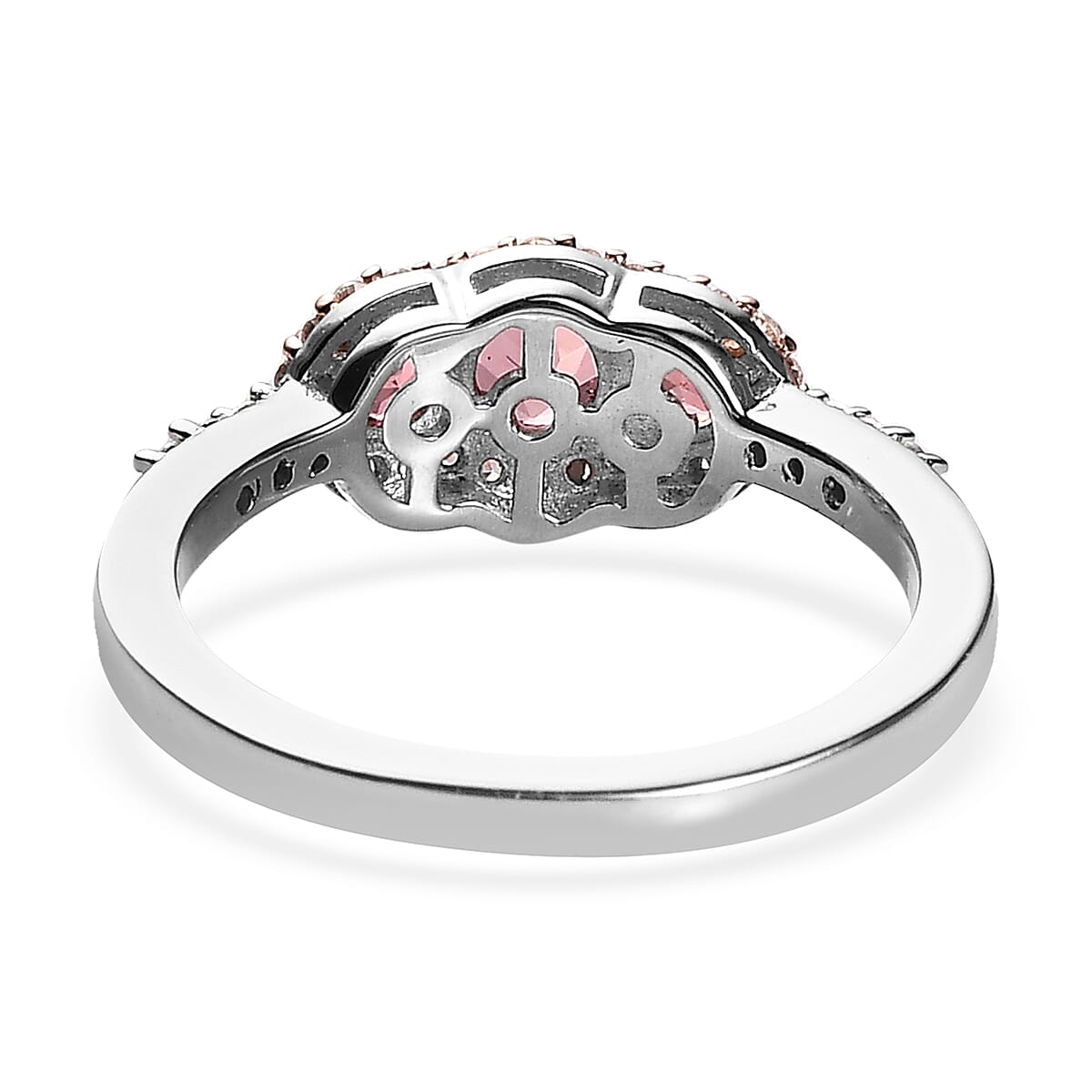Premium Blush Tourmaline and White Zircon Trilogy Ring in Vermeil RG and Platinum Over Sterling Silver (Size 5.0) 0.80 ctw