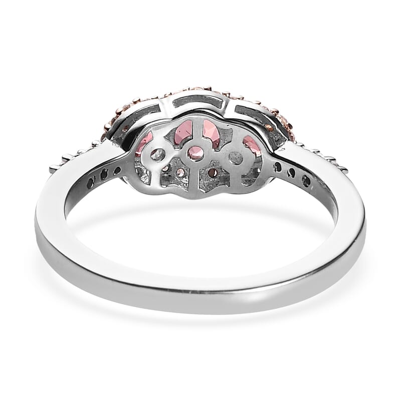 Premium Blush Tourmaline and White Zircon Trilogy Ring in Vermeil RG and Platinum Over Sterling Silver (Size 5.0) 0.80 ctw