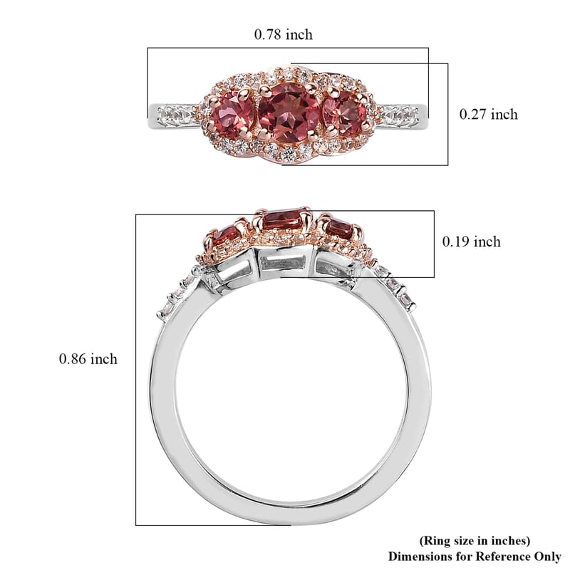 Premium Blush Tourmaline and White Zircon Trilogy Ring in Vermeil RG and Platinum Over Sterling Silver (Size 5.0) 0.80 ctw