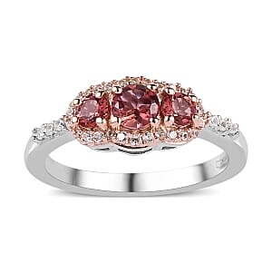Premium Blush Tourmaline and White Zircon Trilogy Ring in Vermeil RG and Platinum Over Sterling Silver (Size 9.0) 0.80 ctw