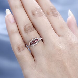 Premium Blush Tourmaline and White Zircon Trilogy Ring in Vermeil RG and Platinum Over Sterling Silver (Size 9.0) 0.80 ctw