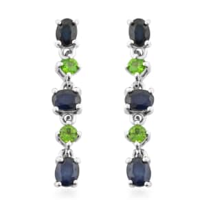 Kanchanaburi Blue Sapphire and Chrome Diopside Dangling Earrings in Platinum Over Sterling Silver 1.70 ctw