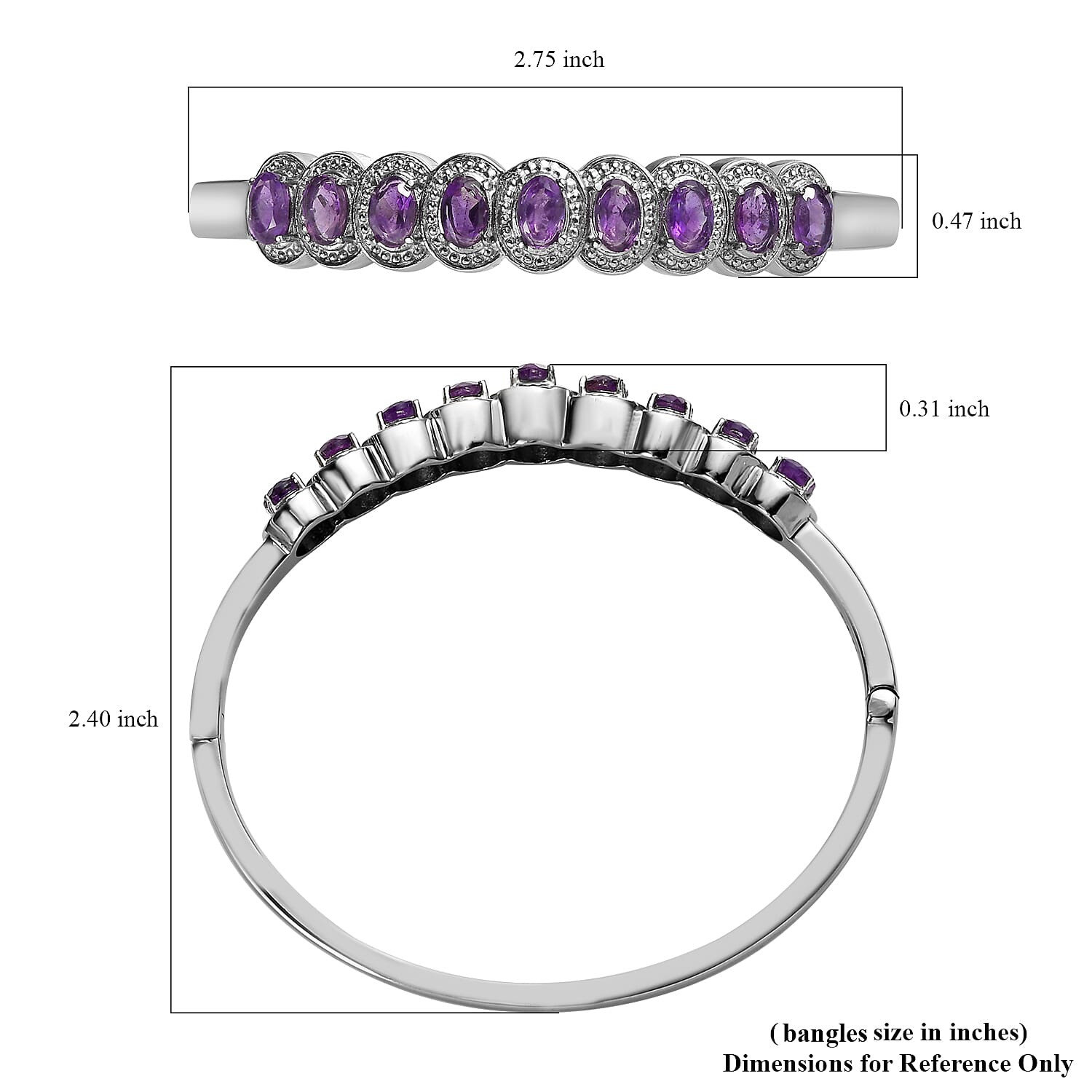 African Amethyst Bangle Bracelet in Stainless Steel (6.50 In) 3.75 ctw