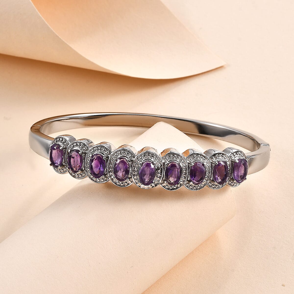 African Amethyst Bangle Bracelet in Stainless Steel (8.00 In) 3.75 ctw image number 1