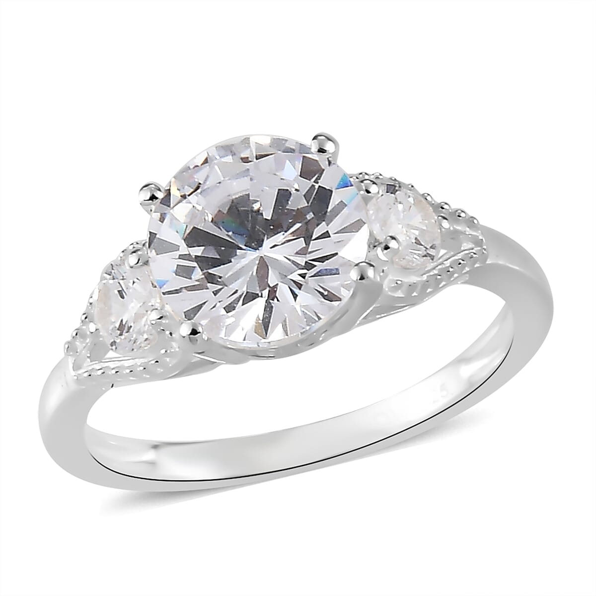 Simulated Diamond 3 Stone Ring in Sterling Silver (Size 10.0)