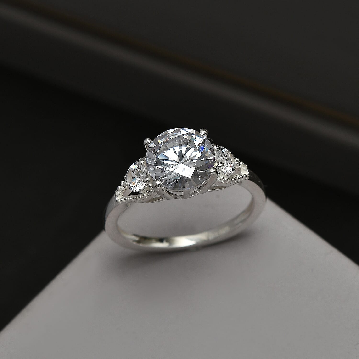 Simulated Diamond 3 Stone Ring in Sterling Silver (Size 10.0)